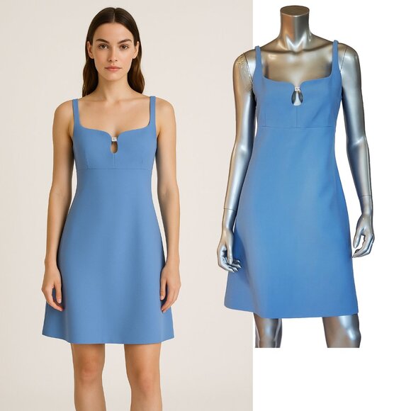 GUCCI DRESS CADY CREPE WOOL SILK SKY BLUE w CRYSTAL G LOGO sz IT 44 US 8 - Picture 1 of 15